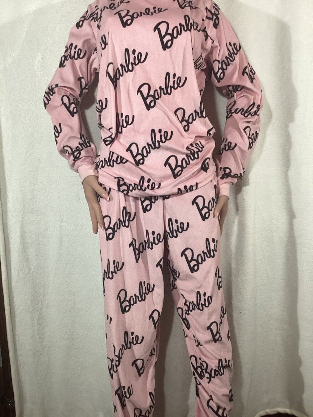 NWT Rare Primark Barbie Pink All Over Script Logo Fleece Pajama Set XS